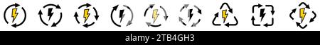 Flash icon in arrows forming cycle, two three and four arrow version. Recharge power concept Stock Vector