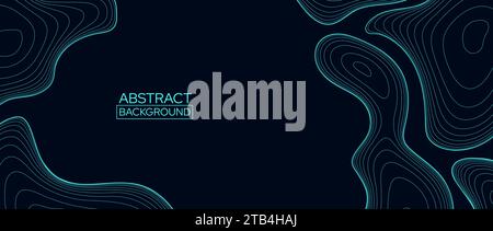 Black abstract line background. Topographic contour map concept. Neon linear terrain outline pattern. Geographic design template wallpaper for poster, banner, print, booklet. Vector illustration Stock Vector