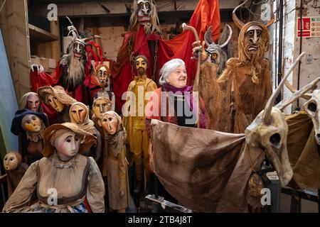 Renowned puppetry artist Lyndie Wright opens her workshop showcasing over 150 original creations that encapsulate a lifetime dedicated to puppetry. Stock Photo