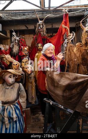 Renowned puppetry artist Lyndie Wright opens her workshop showcasing over 150 original creations that encapsulate a lifetime dedicated to puppetry. Stock Photo