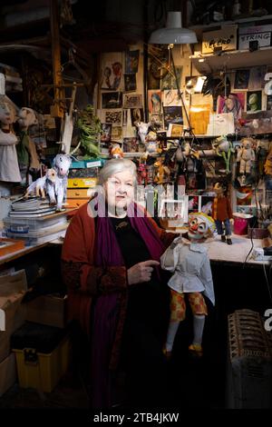 Renowned puppetry artist Lyndie Wright opens her workshop showcasing over 150 original creations that encapsulate a lifetime dedicated to puppetry. Stock Photo