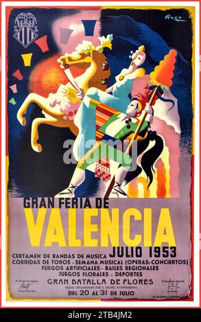 VALENCIA FIESTA Travel Poster 1953 Gran Feria Valencia Spain. Vintage travel poster promoting the Gran Feria de Valencia - Grand Festival of Valencia in Spain. Poster illustration of a lady on the horse with a gentleman in a traditional suit holding the reins. During the month of July, Valencia’s City Council organizes an annual fair called Gran Fira de Valencia (Great Valencian Fair) to bring activities as a traveling amusement park and open-air concerts to both locals and tourists. The first fair was hosted on July 21, 1871. In 1891, the locally famous Battle of Flowers was created. Stock Photo
