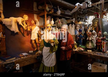 Renowned puppetry artist Lyndie Wright opens her workshop showcasing over 150 original creations that encapsulate a lifetime dedicated to puppetry. Stock Photo