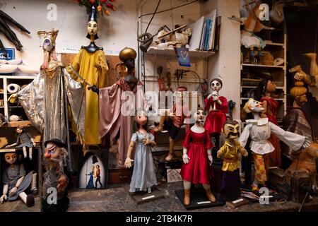 Renowned puppetry artist Lyndie Wright opens her workshop showcasing over 150 original creations that encapsulate a lifetime dedicated to puppetry. Stock Photo