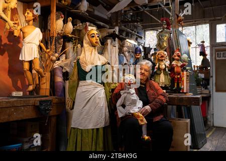 Renowned puppetry artist Lyndie Wright opens her workshop showcasing over 150 original creations that encapsulate a lifetime dedicated to puppetry. Stock Photo