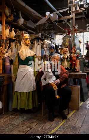 Renowned puppetry artist Lyndie Wright opens her workshop showcasing over 150 original creations that encapsulate a lifetime dedicated to puppetry. Stock Photo