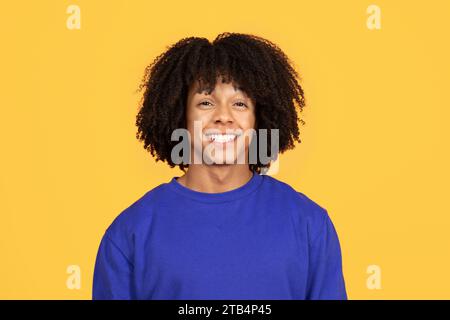 Closeup portrait of positive young African American guy sincerely smiling at camera Stock Photo