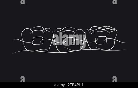 Teeth braces illustration drawing in linear style on black color background Stock Vector