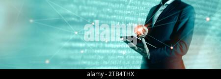 Digital connection horizontal banner. Businessman working with tablet on abstract background. Big data, internet, digital communication concept. Stock Photo