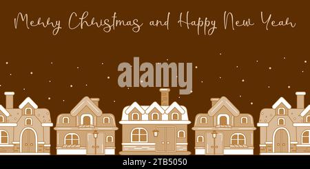 Gingerbread house a winter holiday card template. Houses on a dark brown snow background. Poster web design Vector illustration. Stock Vector