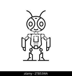 Robot line and outline icon. Isolated vector linear metallic humanoid figure with antennas, legs, arms , and futuristic elements, representing technology, automation, and artificial intelligence Stock Vector