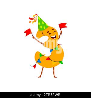 Cartoon funny math number three character celebrate party with expressive eyes and charming smile. Isolated vector orange colored digit 3 personage wear festive hat, wrapped in garland, holding flags Stock Vector