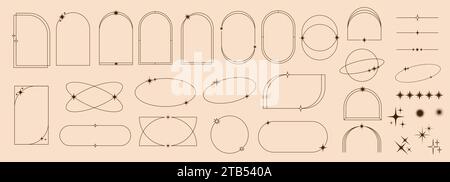 Minimal line frames and borders with star twinkles, sparkles and arch shapes, outline vector. Simple minimal linear frames and line art borders or arc elements with celestial magic star sparkles Stock Vector