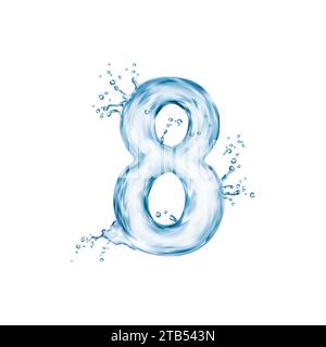 Liquid water number eight with splash bubbles, transparent type font, aqua typeface, wet english digit. Isolated realistic vector fluid, flowing, and refreshingly creative 8 sign with watery curves Stock Vector