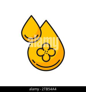 Rapeseed, canola oil drop icon. Isolated vector linear sign of golden dew with flower, showcasing its healthy, versatile, and liquid form. Thin line symbol for natural agricultural or beauty products Stock Vector