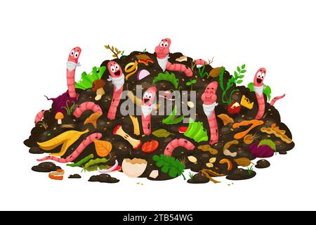 Cartoon earth worms eating compost, funny earthworm characters in organic wastes, vector background. Vermicomposting poster with earthworms in soil humus eating compostable bio garbage of food scraps Stock Vector