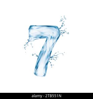 Liquid water number seven with splash bubbles, transparent type font, aqua typeface, wet english digit. Isolated realistic vector fluid flowing 7 sign, made of shimmering, translucent water droplets Stock Vector