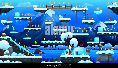 Arcade game level map with ice platforms, ladders and fluffy clouds in ...