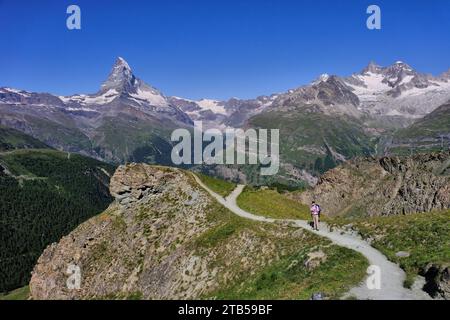 Hiker on path and Matterhorn with cloudless sky near Blauherd, Zermatt, Visp, Valais, Switzerland Stock Photo