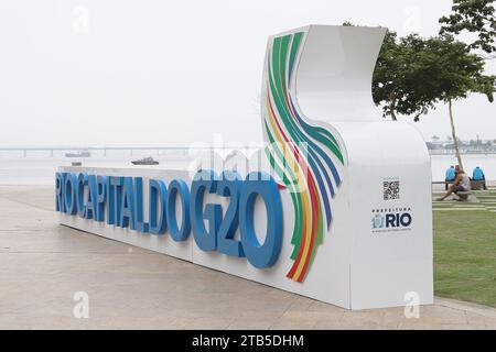 Rio De Janeiro, Brazil. 04th Dec, 2023. 'Rio capital of the G20' sign in front of the Museum of Tomorrow, in Praça Mauá, in the central region of the city, this Monday, December 4th. The city of Rio de Janeiro begins preparations to host the G20 Heads of Government Summit, which will take place in November 2024. Credit: Brazil Photo Press/Alamy Live News Stock Photo