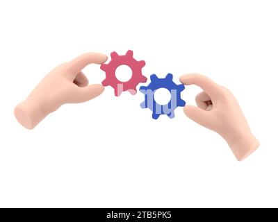 Cartoon Gesture Icon Mockup.Hand drawn 3d illustration of two hands holding cogwheel.3D rendering on white background. Stock Photo