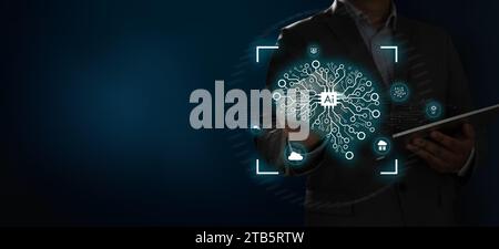 AI, machine learning businessman intelligence artificial technology man using technology smart robot AI Stock Photo