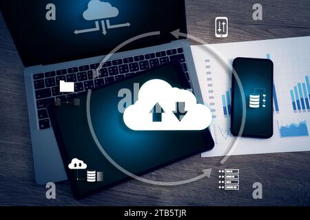 cloud computing business network server storage technology concept laptop computer with cloud network Computer connects Stock Photo