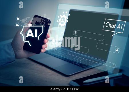 AI, machine learning businessman intelligence artificial technology man using technology smart robot AI Stock Photo