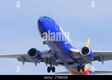 Southwest Airlines Boeing 737 shown arriving at LAX, Los Angeles International Airport. Stock Photo