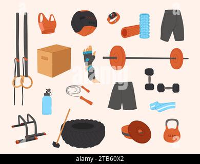 Vector workout objects set. Gym equipment flat design. Collection on sport theme. Ideal for sport guide Stock Vector