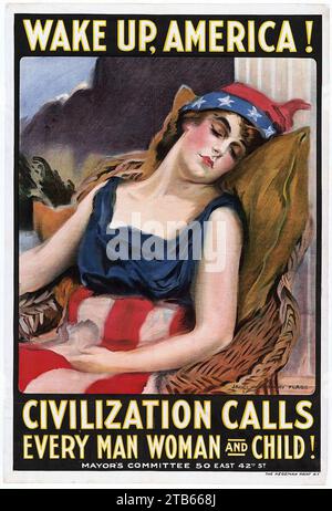 Wake up America! Civilization calls every man, woman and child! - James Montgomery Flagg. Stock Photo