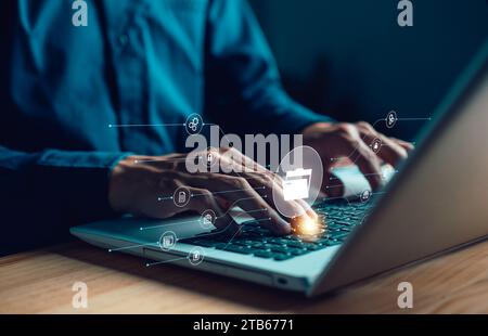 DMS Open File folder with flying blank documents with pc. Cloud computer. E-mail, Folder document management system. Data transfer backup, File Sharin Stock Photo