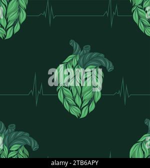 Vector seamless pattern with healthy human hearts made of leaves with cardiogram on dark background. Texture on eco friendly lifestyle with pulse Stock Vector