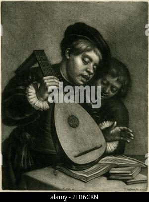 Wallerant Vaillant after Frans Hals - mezzotint of two boys singing with one playing the lute. Stock Photo