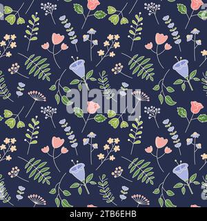Floral seamless pattern. Vector cute hand drawn flowers and leaves on dark background. Decorative plants repeat illustration Stock Vector