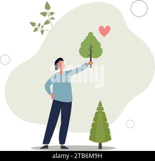 Sustainable development concept. character showing benefits of green industry,caring for plants and trees.flat vector illustration. Stock Vector