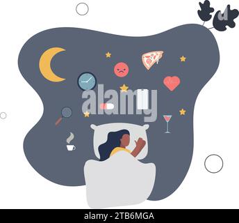 Insomnia causes and trouble with sleeping at night . Sleepless problem causes and bad habits impact to relaxation and quality sleep hygiene. Stock Vector