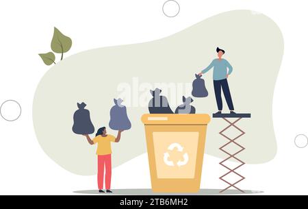 People characters collecting trash into recycling garbage bin..Woman and man taking out the garbage. Stock Vector