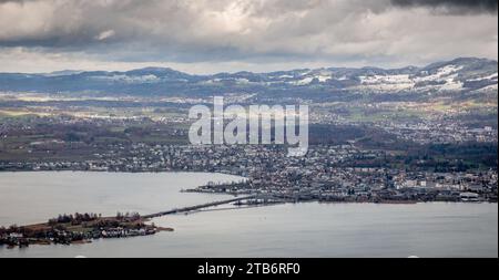 view of the city Rapperswil at the lake Zurich, shot from a higher altitude, Aerial photograph Stock Photo