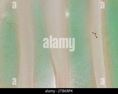 Aerial view of people walking on a sand bar surrounded by pools of water at Moonta Bay on the Yorke Peninsula in South Australia Stock Photo