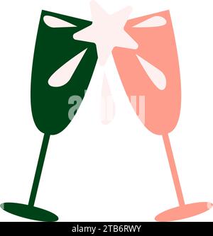 Crystal glasses champagne. Red Green flat design element. Pop art champagne glasses holiday icon. Christmas event element. Simple flat vector icon iso Stock Vector