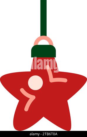 Red Christmas tree toy in shape of star hangs on green ribbon. Red Green flat design element. Pop art holiday icon. Christmas event element. Simple fl Stock Vector