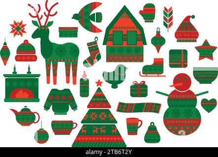 Norwegian green red hand made pattern style Xmas items collection. Winter Christmastime symbols. Festive New Year vector icons isolated on white backg Stock Vector