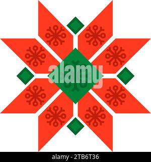 Handmade paper snowflake with Norwegian national holiday pattern in red and green colors. Paper snowflake in handmade knitted ornate style. Simple fla Stock Vector