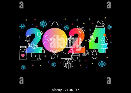 Horizontal Neon Happy 2024 New Year A4 Holiday poster in neon glow colors with 2024 inscription. Template for printing, announcement poster for inviti Stock Vector