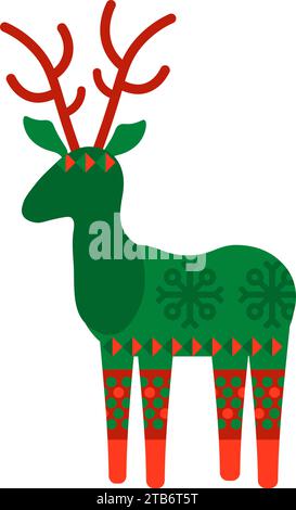 Funny deer toy with big antlers with Norwegian national holiday pattern in red and green colors. Deer toy in handmade knitted ornate style. Simple fla Stock Vector