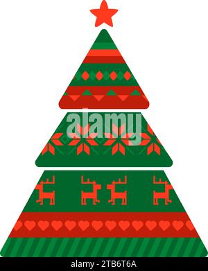 Christmas coniferous tree with Norwegian national holiday pattern in red and green colors. Coniferous Tree in handmade knitted ornate style. Simple fl Stock Vector