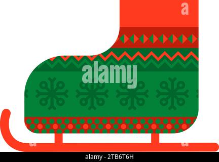Vintage shoe skates with Norwegian national holiday pattern in red and green colors. Shoe skates in handmade knitted ornate style. Simple flat vector Stock Vector
