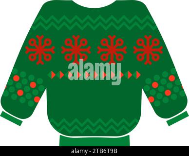 Handmade knitted warm sweater with Norwegian national holiday pattern in red and green colors. Winter sweater in handmade knitted ornate style. Simple Stock Vector
