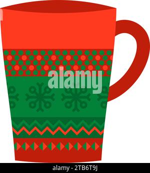 Tall coffee cup with Norwegian national holiday pattern in red and green colors. Coffee mug in handmade knitted ornate style. Simple flat vector isola Stock Vector